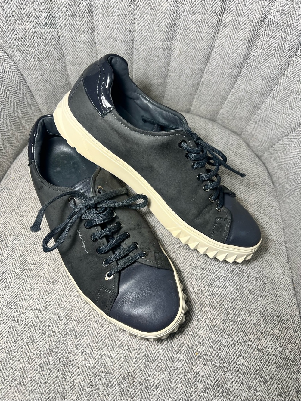 Salvatore Ferragamo Navy Leather & Suede Sneakers with Cream Sole OBO